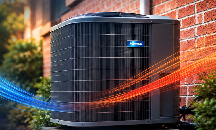 Modern outdoor HVAC condenser with blue and orange airflow accents for AirWorxx Heating and AC